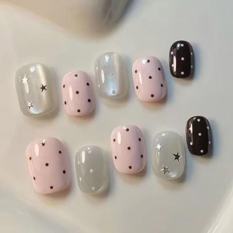 Nail Art Cat Eye Pink - 10Pcs Pink Polka Dot Star Cat