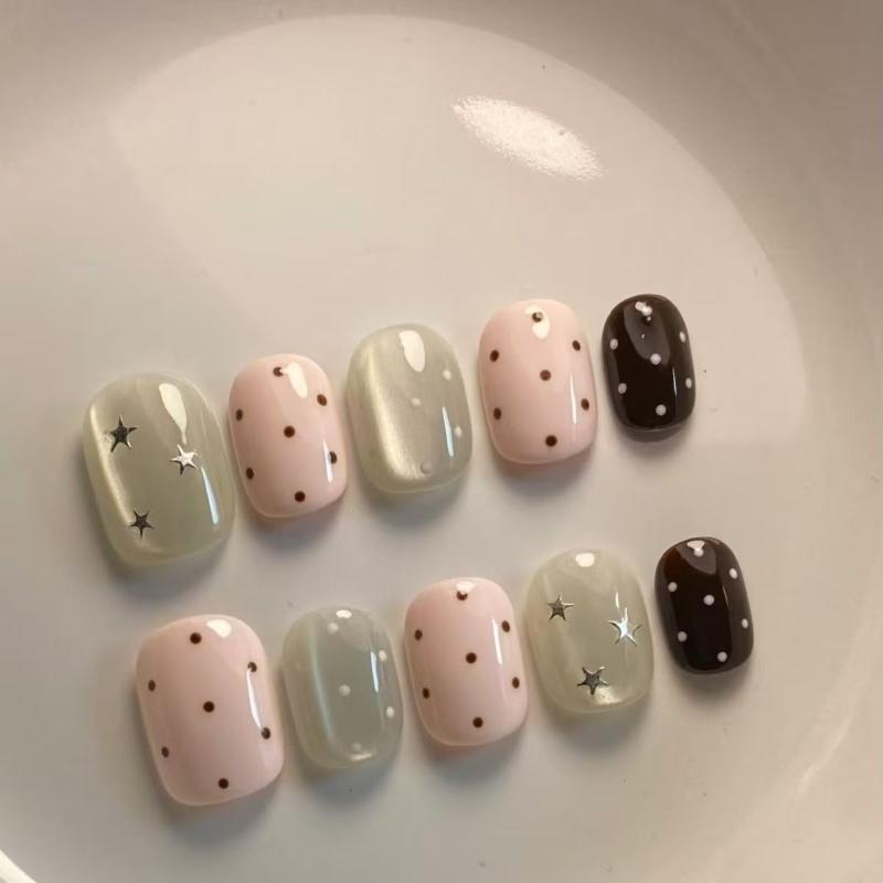 10Pcs Pink Polka Dot Star Cat  - Nail Art Cat Eye Pink review and price